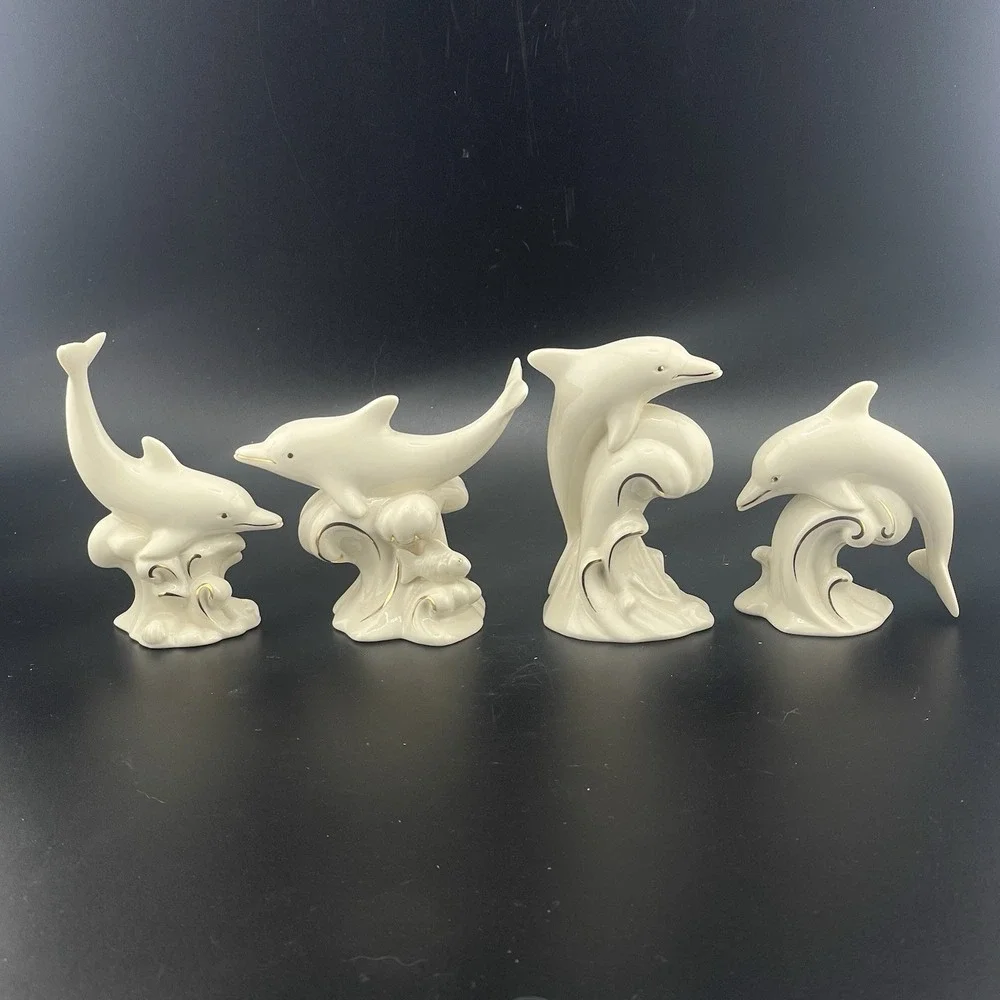 Lenox Dive Dancing Dolphins Ivory Porcelain 24 Karat Gold Figurines Set Lot of 4